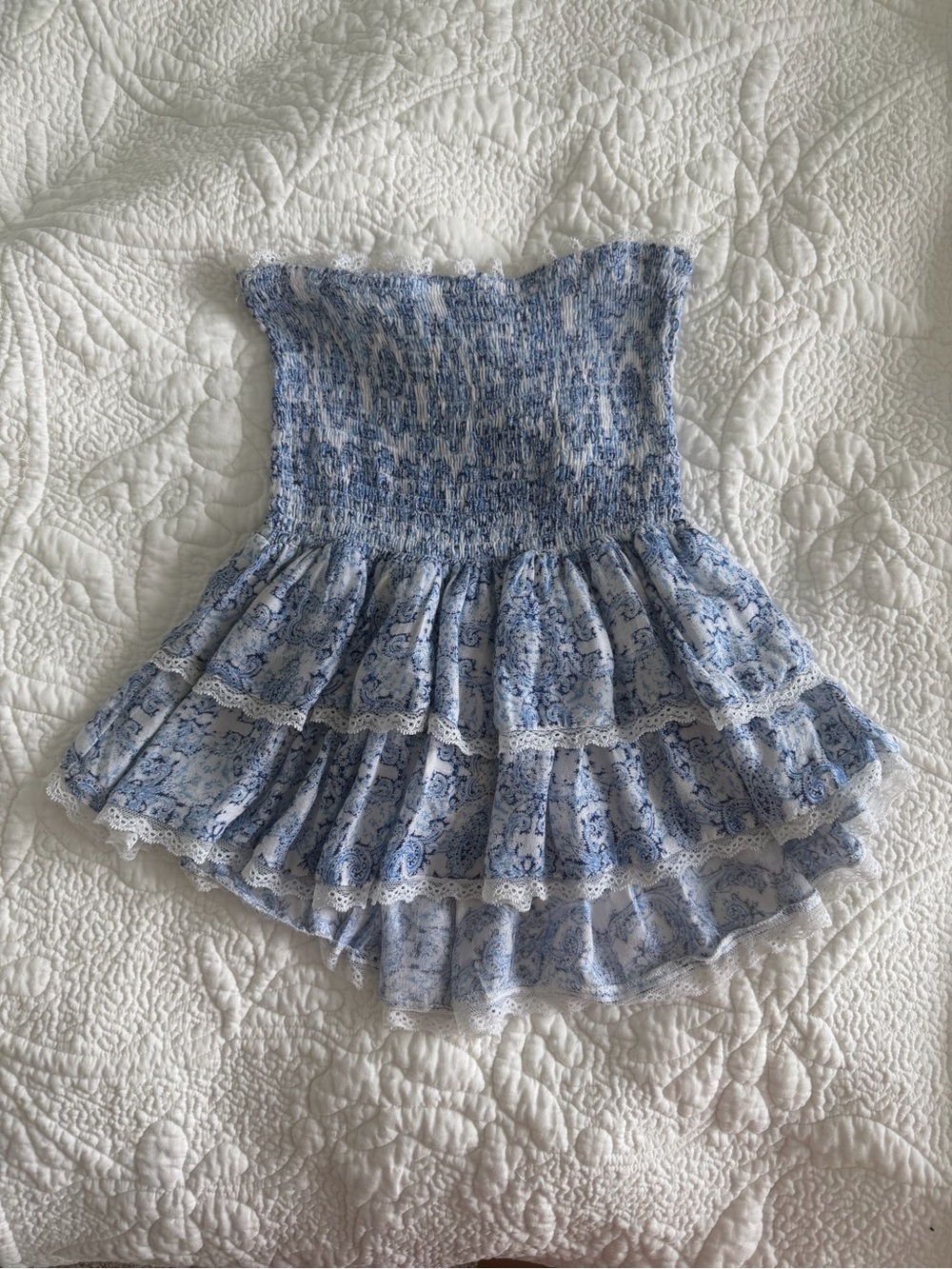 Blue & White Smocked Ruffled Skirt